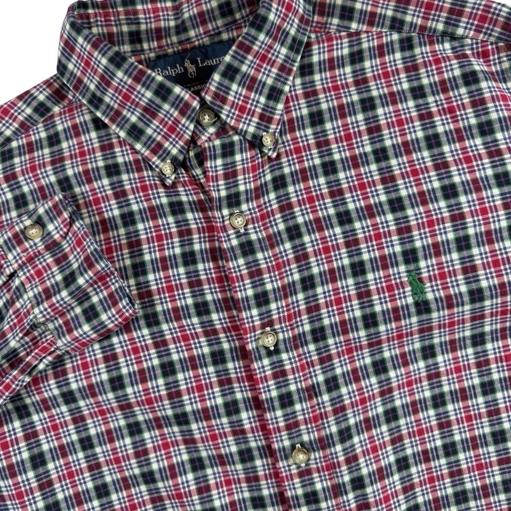 Ralph Lauren Classic Fit Plaid Button Down Shirt Mens Large Red Navy‎ Green Pony